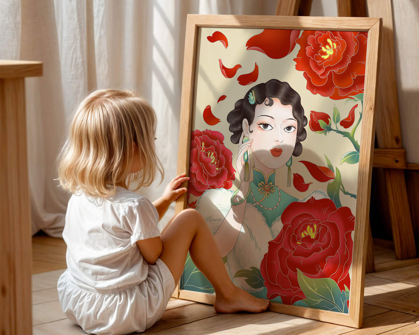 Elegant woman surrounded by vibrant red flowers and petals