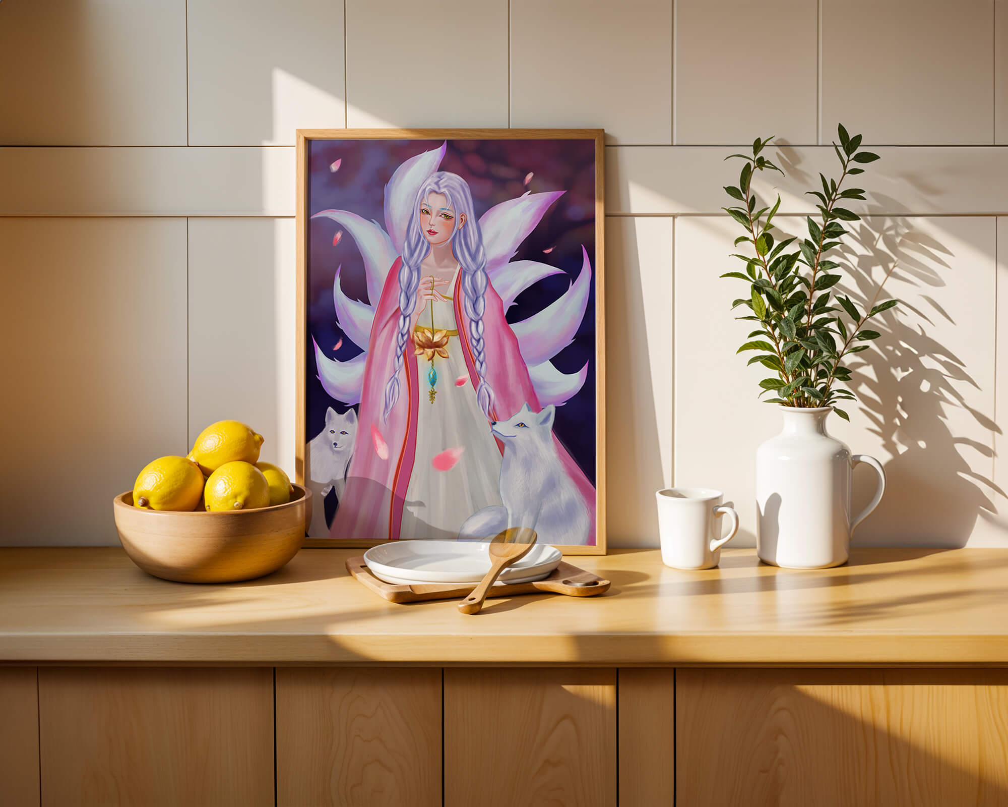 Fantasy art of ethereal figure with foxes and petals