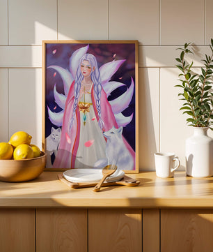 Fantasy art of ethereal figure with foxes and petals