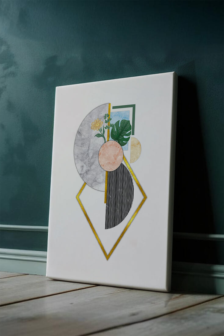Abstract geometric art with floral and gold accents