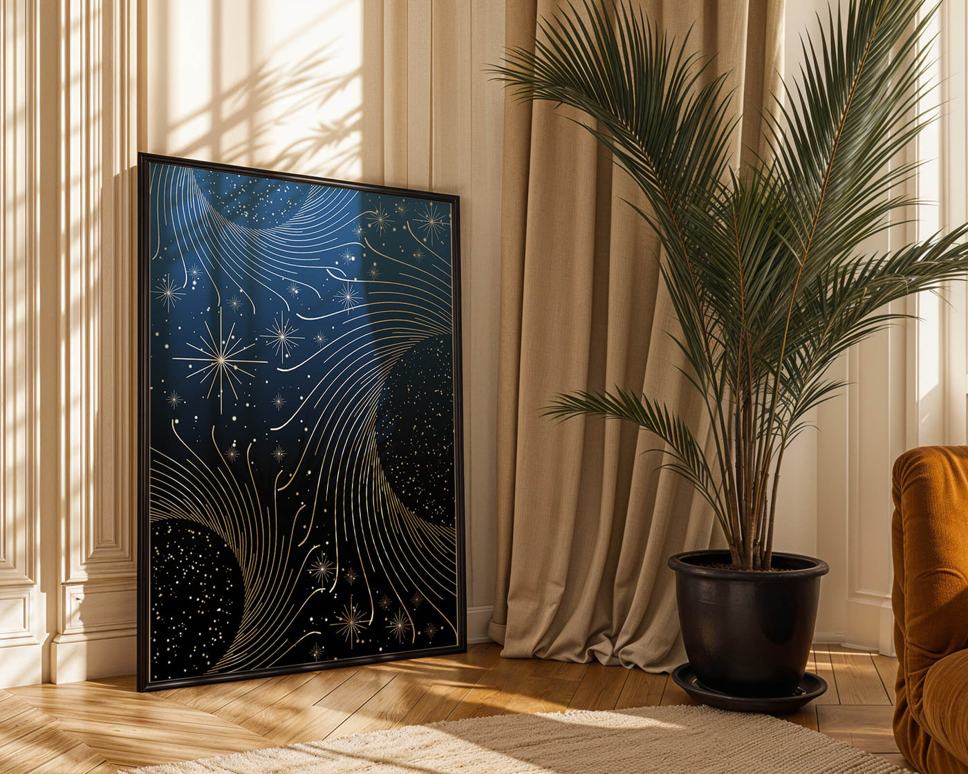 Elegant starry night with golden cosmic swirls
