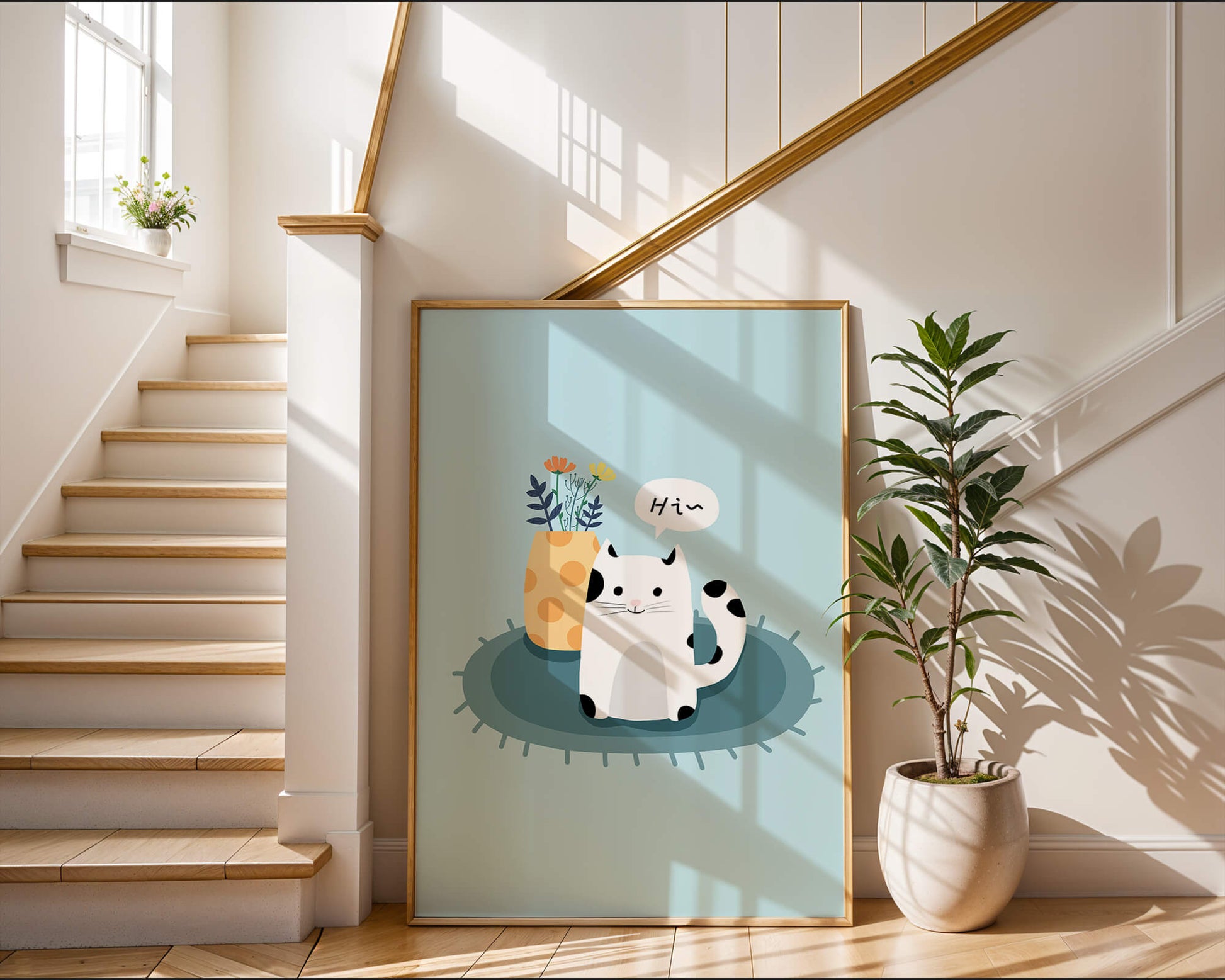Cute illustration of a cat and flowers on a rug with a speech bubble