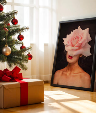 Woman with a Rose Head and Red Lips on a Dark Background - Mi tienda