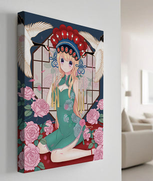 Chica anime elegante con atuendo tradicional y detalles florales y de grulla