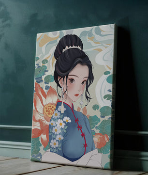 Una mujer elegante con vestido tradicional oriental con patrones florales y flores de loto