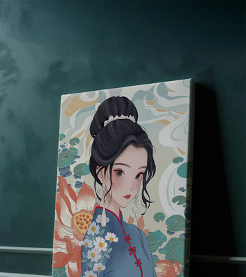 An Elegant Woman in Traditional Oriental Dress with Floral Patterns and Lotus Flowers