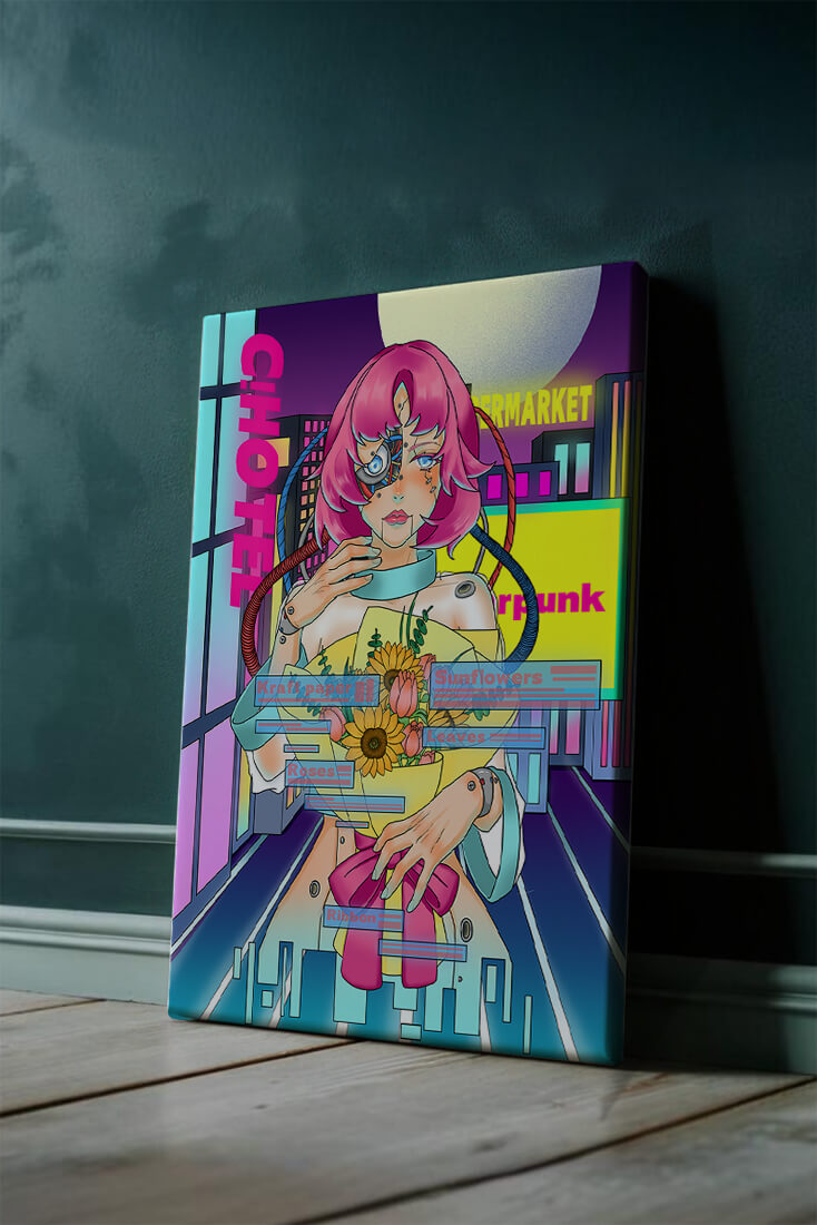 Futuristic cyberpunk woman with a bouquet of flowers in a neon cityscape