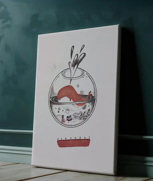 Ilustración de una ballena dentro de una pecera con una regla rosa
