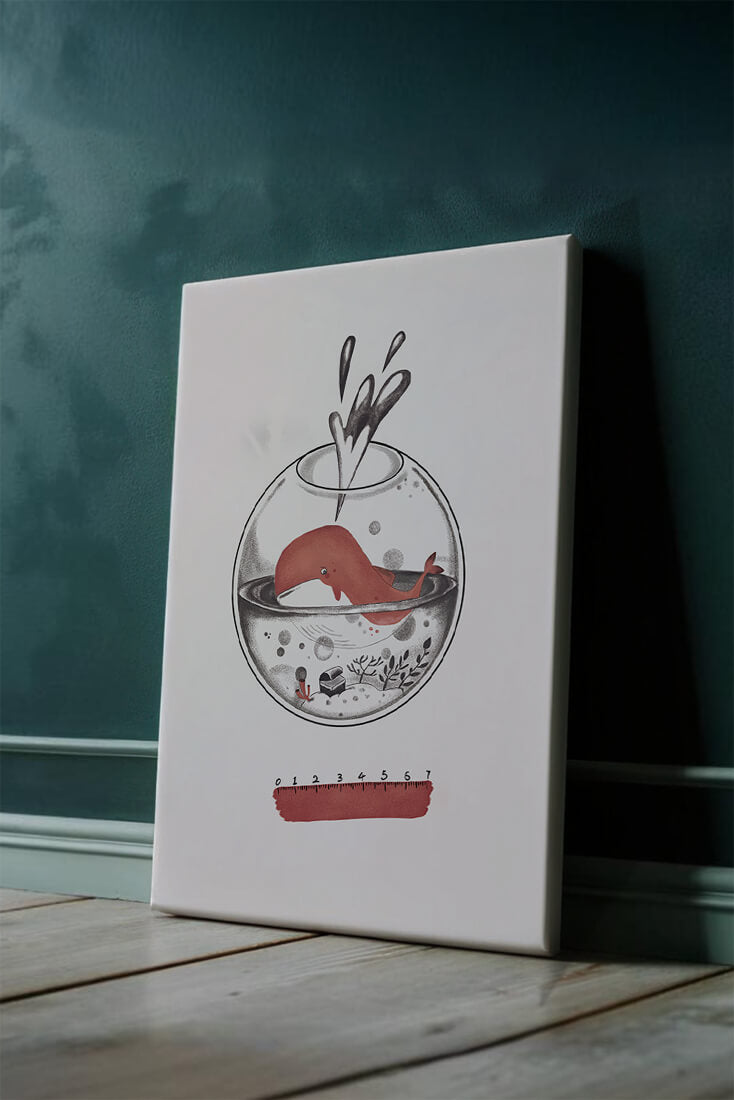 Illustration of a whale inside a fishbowl with a pink ruler