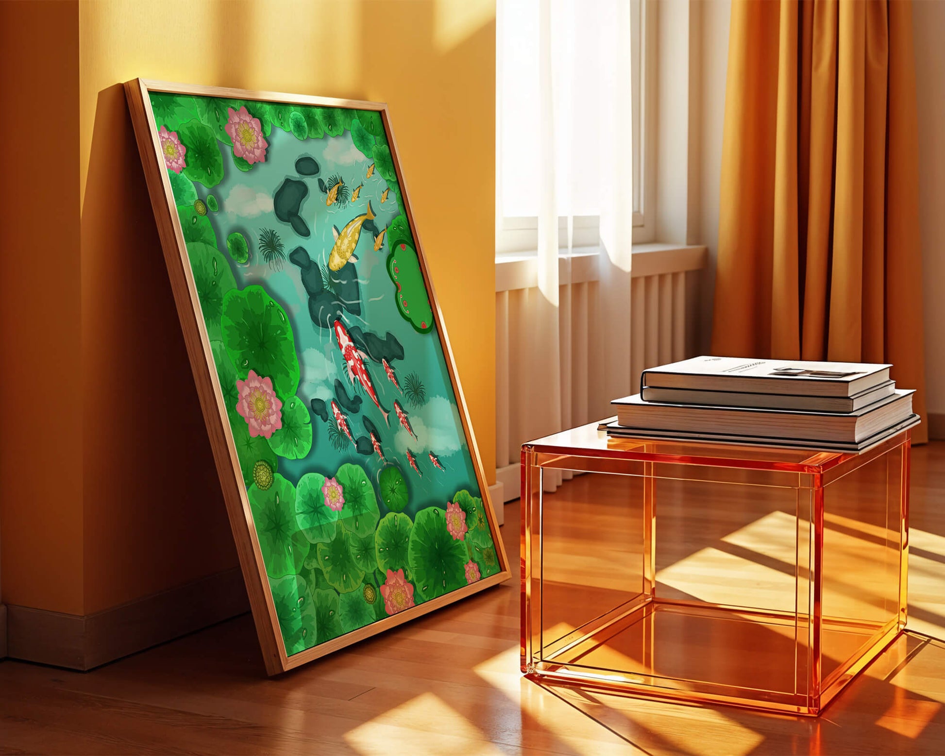 Étang à carpes koï vibrant avec des fleurs de lotus et des nénuphars verts