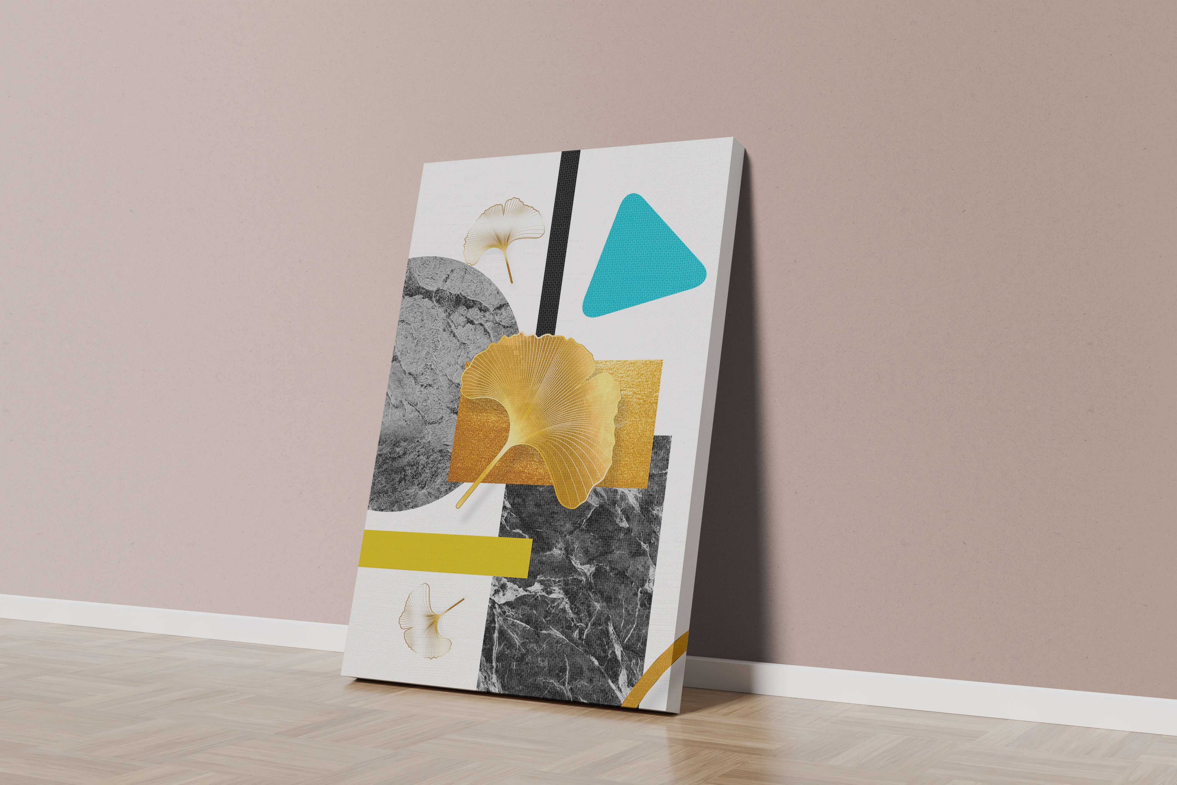 Geometric Abstract Composition with Gold Ginkgo Leaves
