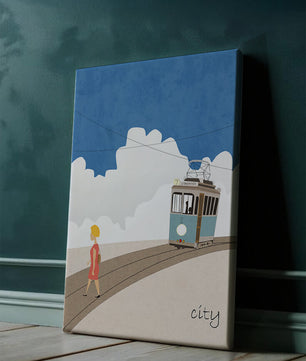 Urban scene with tram and pedestrian under a blue sky