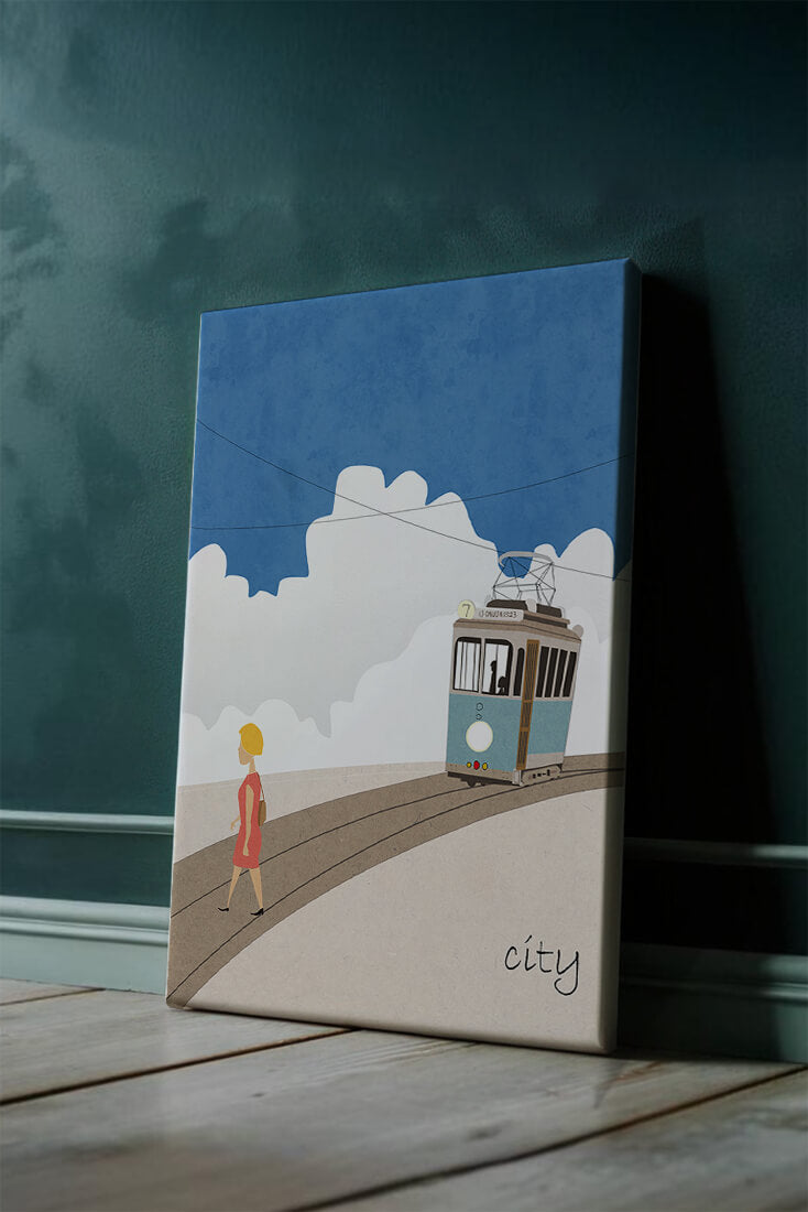 Urban scene with tram and pedestrian under a blue sky
