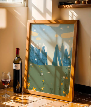 Landschaft mit schneebedeckten Bergen und Blumen im Cartoon-Stil