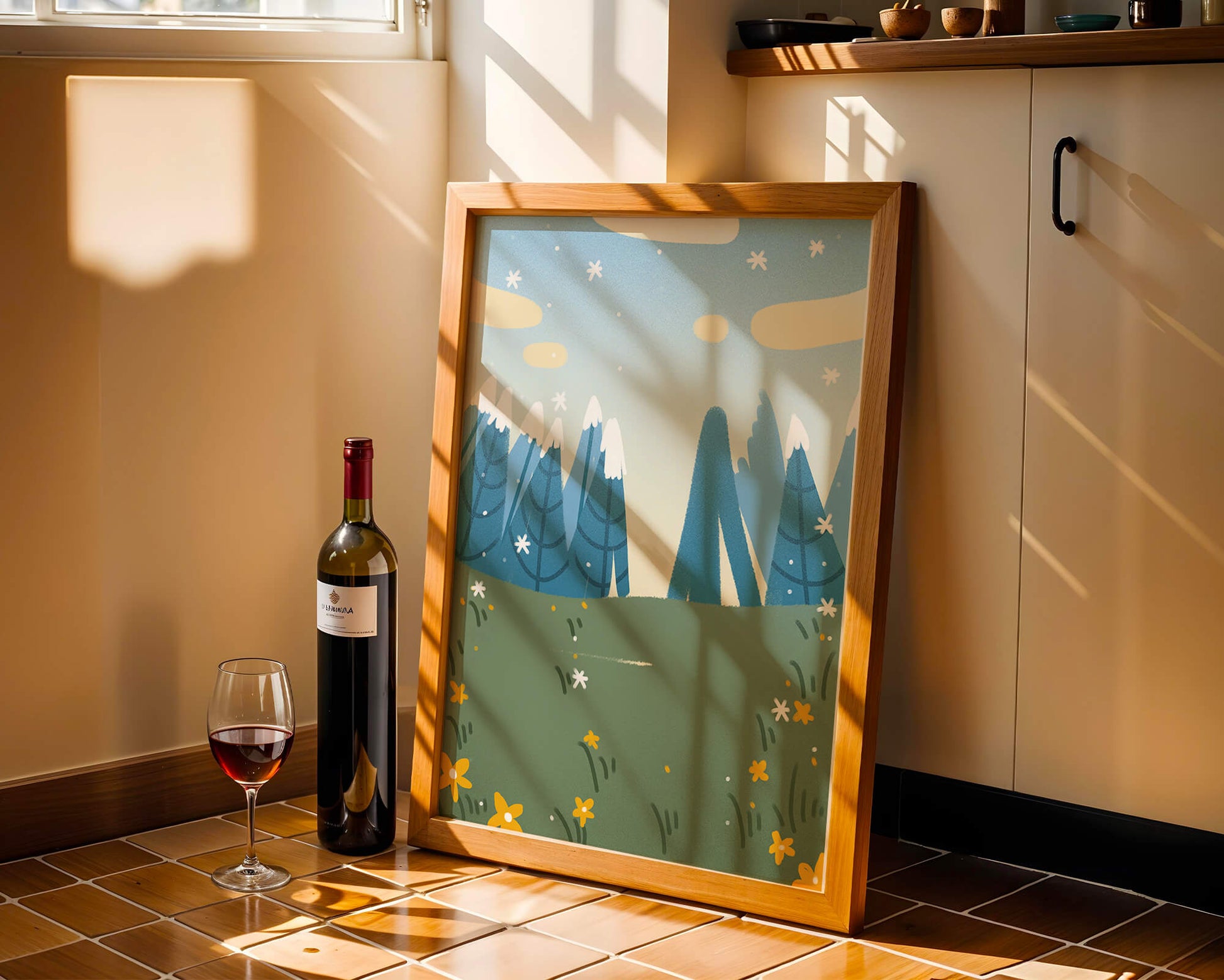 Landschaft mit schneebedeckten Bergen und Blumen im Cartoon-Stil