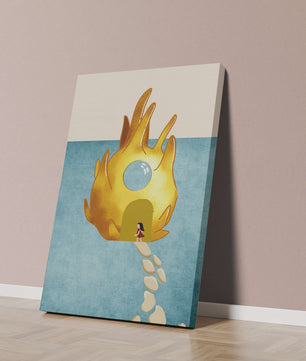 Casa encantada con forma de llama dorada sobre fondo azul claro.