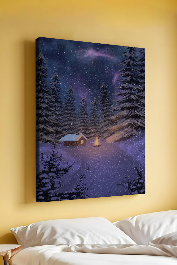 Winter night landscape with snowy cabin and pine forest