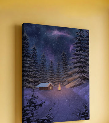 Winter night landscape with snowy cabin and pine forest