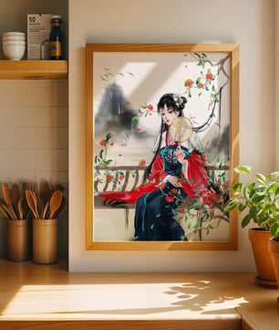Joven mujer hermosa con vestido tradicional asiático sosteniendo un abanico en un jardín