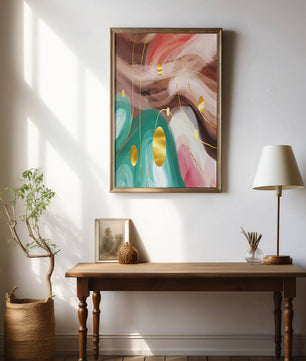 Diseño abstracto de remolinos coloridos con círculos dorados