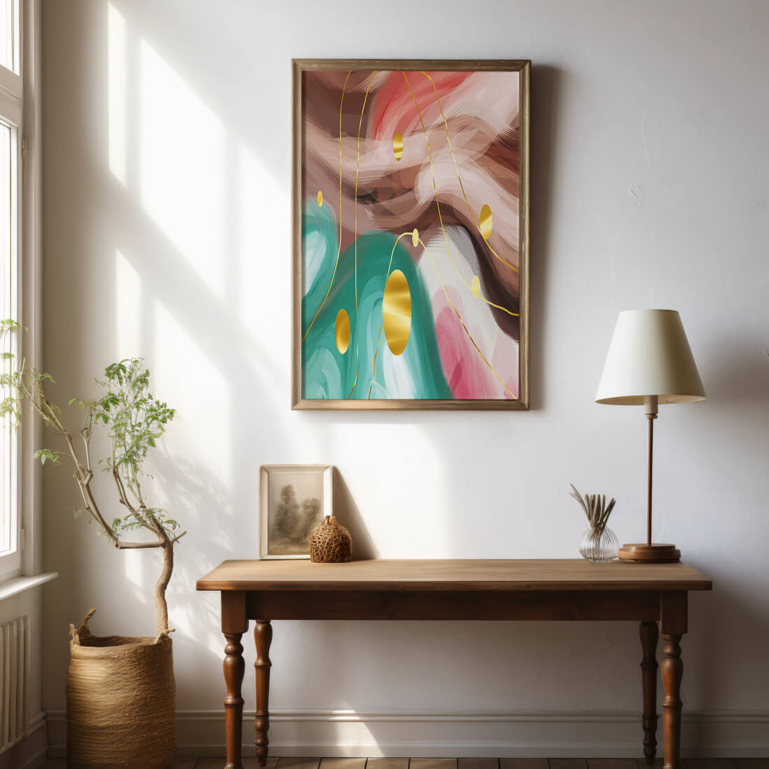 Abstract colorful swirl design with golden circles