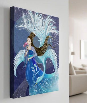 Elegant woman with floral motif and ethereal bird illustration