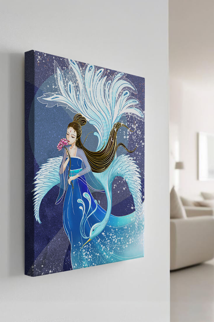 Elegant woman with floral motif and ethereal bird illustration