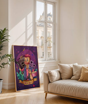 Illustration colorée sur le thème de la musique avec un personnage et des instruments