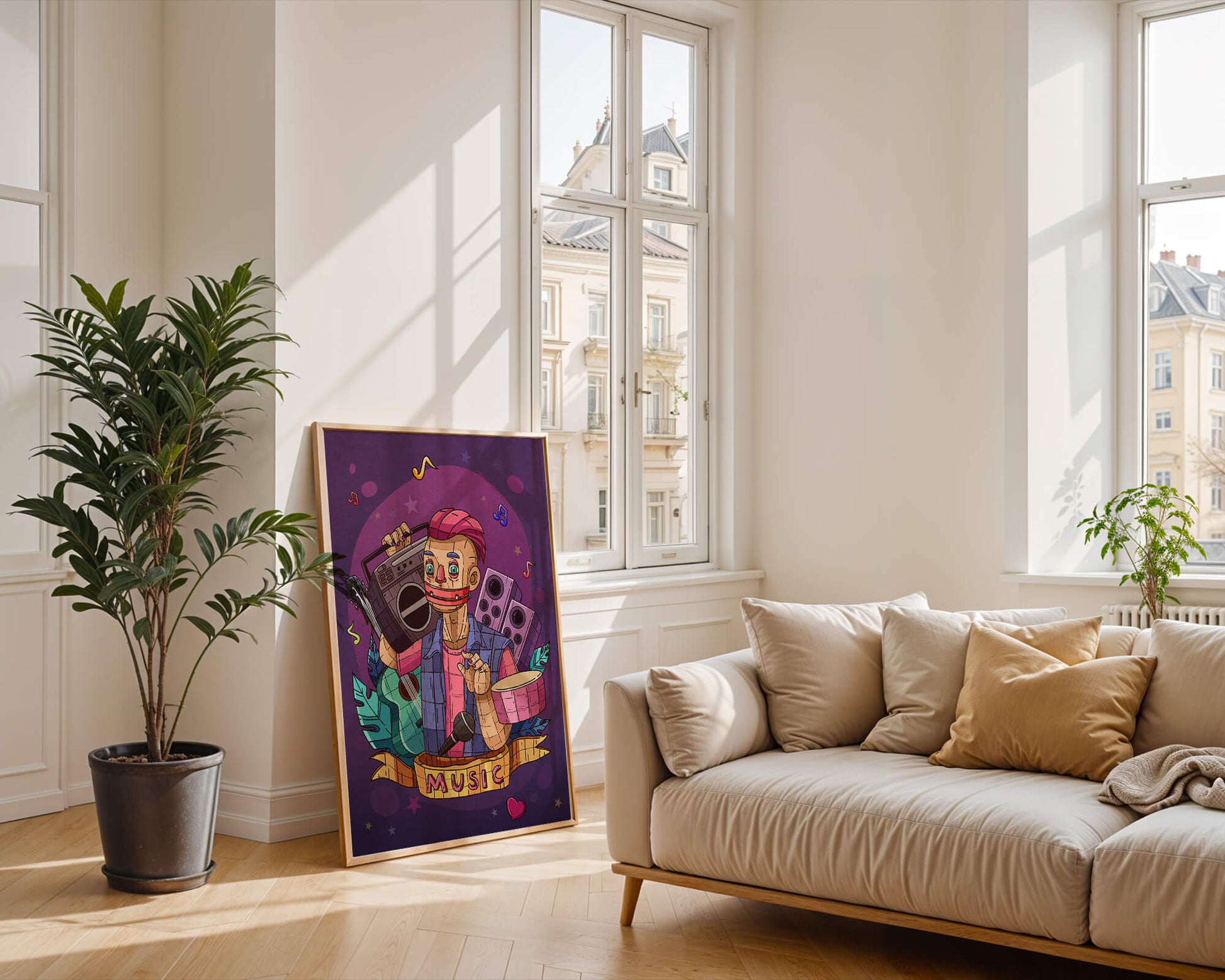 Illustration colorée sur le thème de la musique avec un personnage et des instruments
