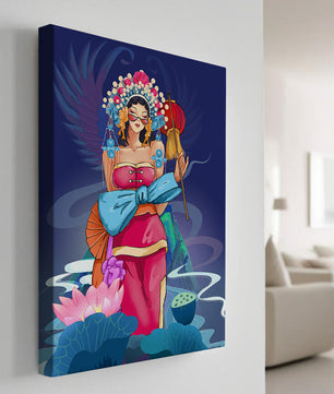 Colorful illustration of a woman in traditional attire with floral headdress