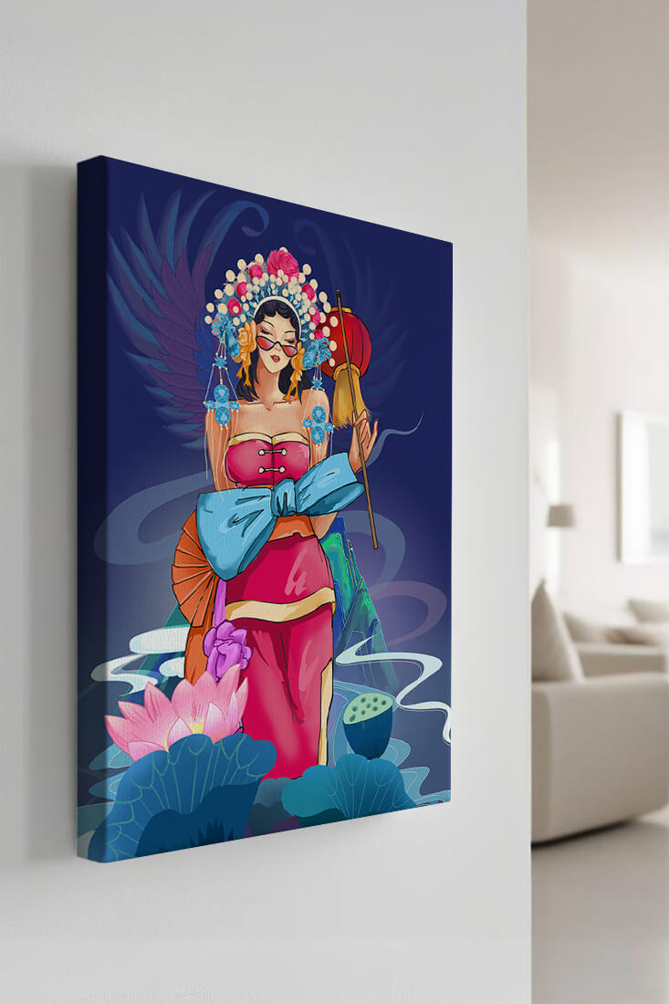 Colorful illustration of a woman in traditional attire with floral headdress