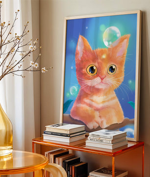 Adorable orange kitten illustration with bubbles and a colorful background