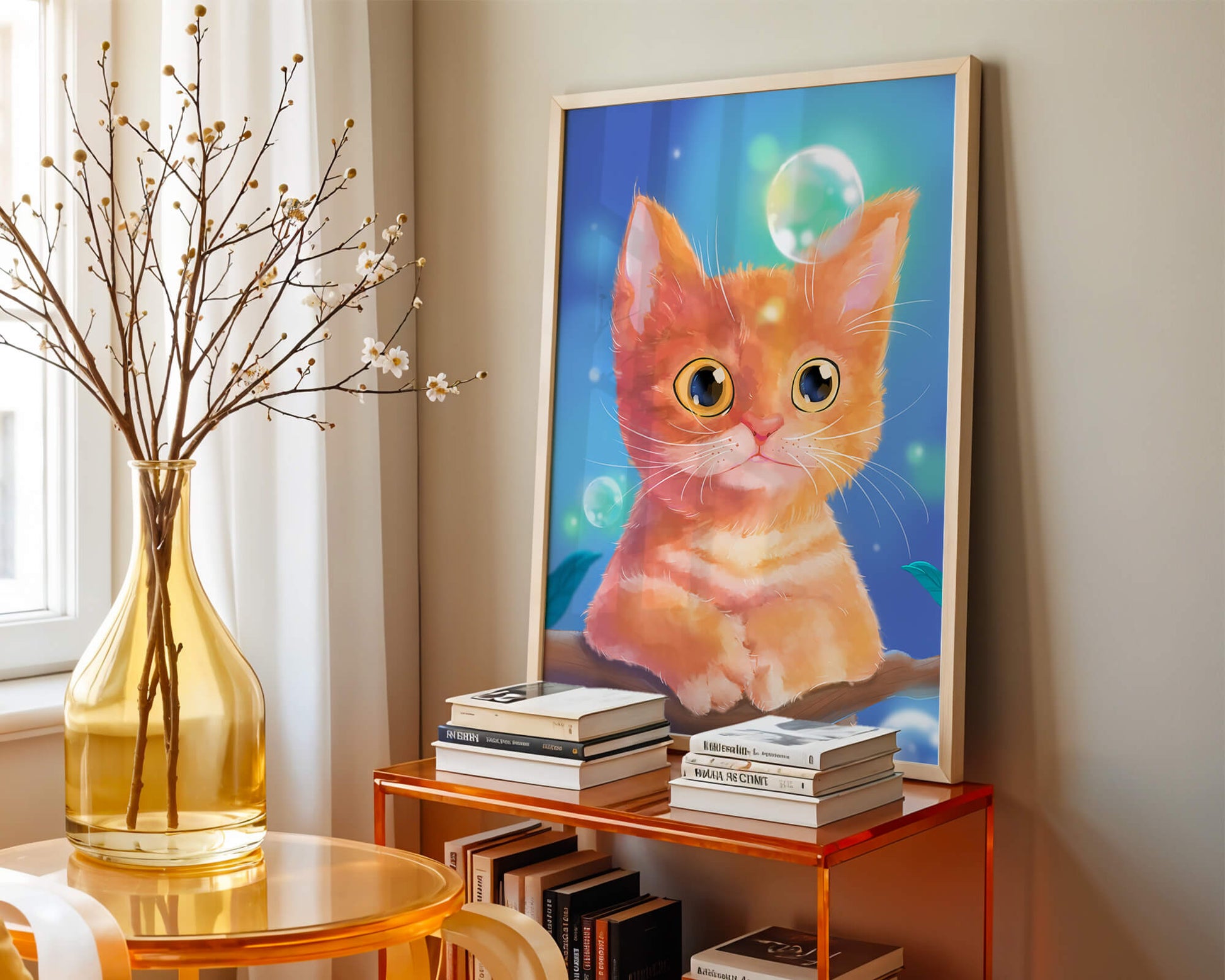 Adorable orange kitten illustration with bubbles and a colorful background