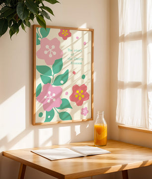 Florale Illustration mit Kirschblüten und grünen Blättern