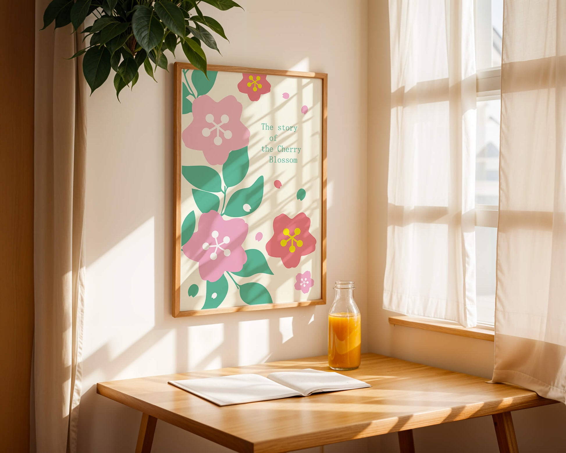 Floral illustration with cherry blossoms and green leaves