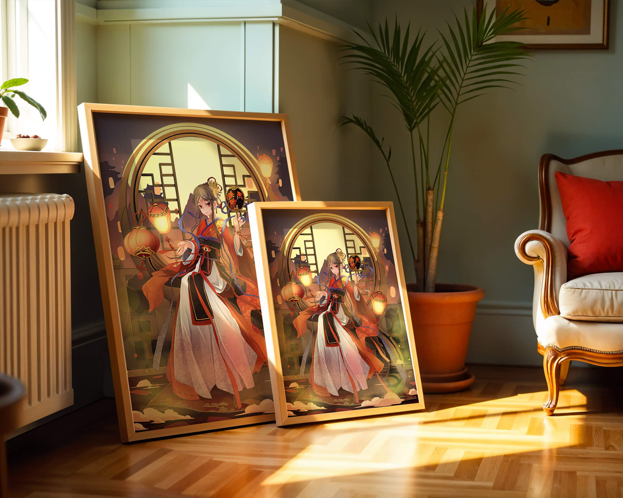 Elegant Asian-inspired fantasy artwork with lanterns