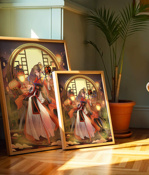 Elegant Asian-inspired fantasy artwork with lanterns