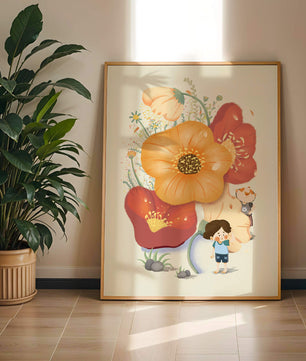Charming Illustration of Children among Large Flowers with Playful Puppy