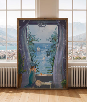Peaceful Seaside View Through Open Window with Girl and Cat