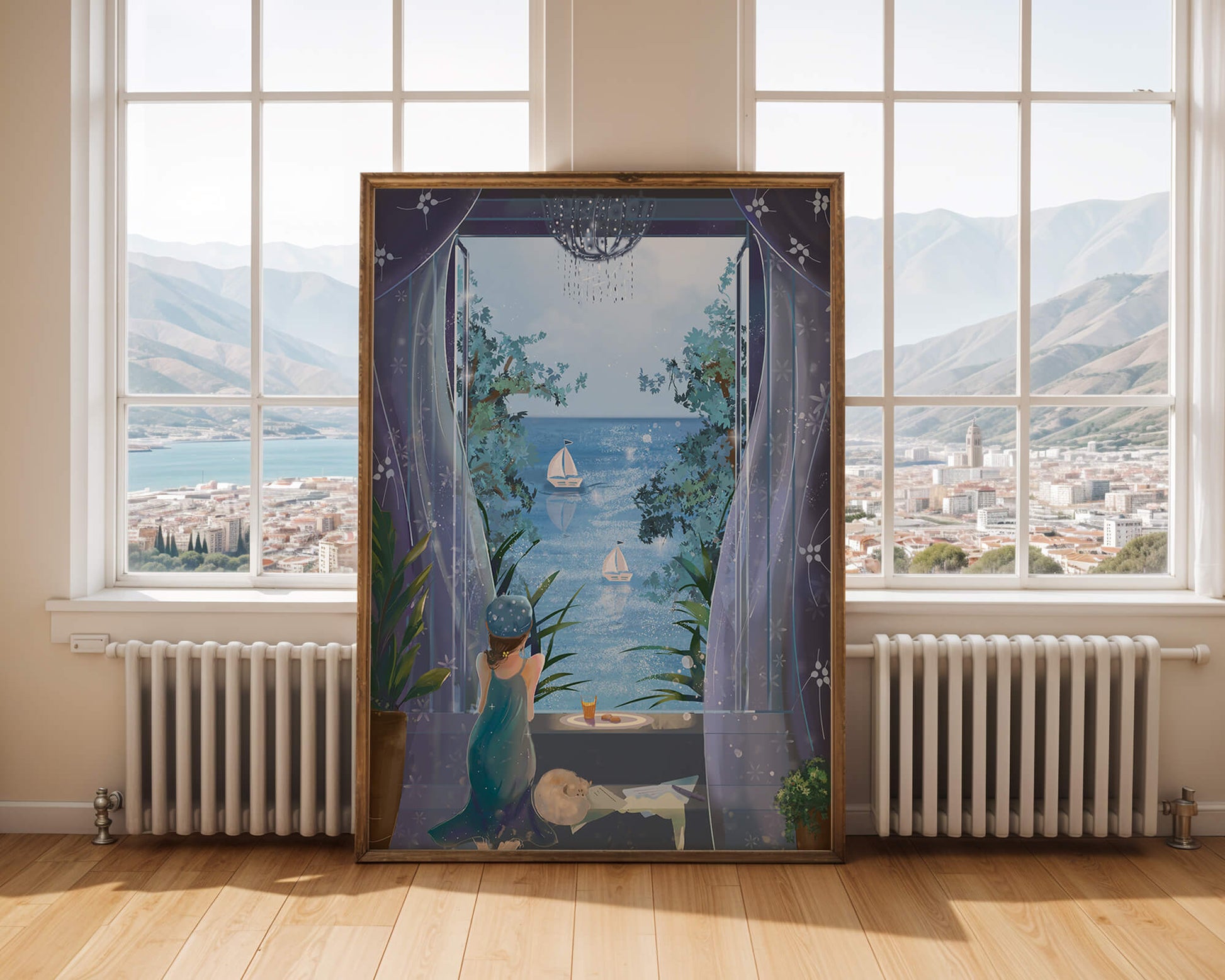 Peaceful Seaside View Through Open Window with Girl and Cat