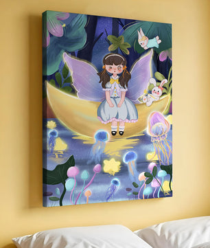 Enchanting fairy scene with glowing jellyfish and moon backdrop