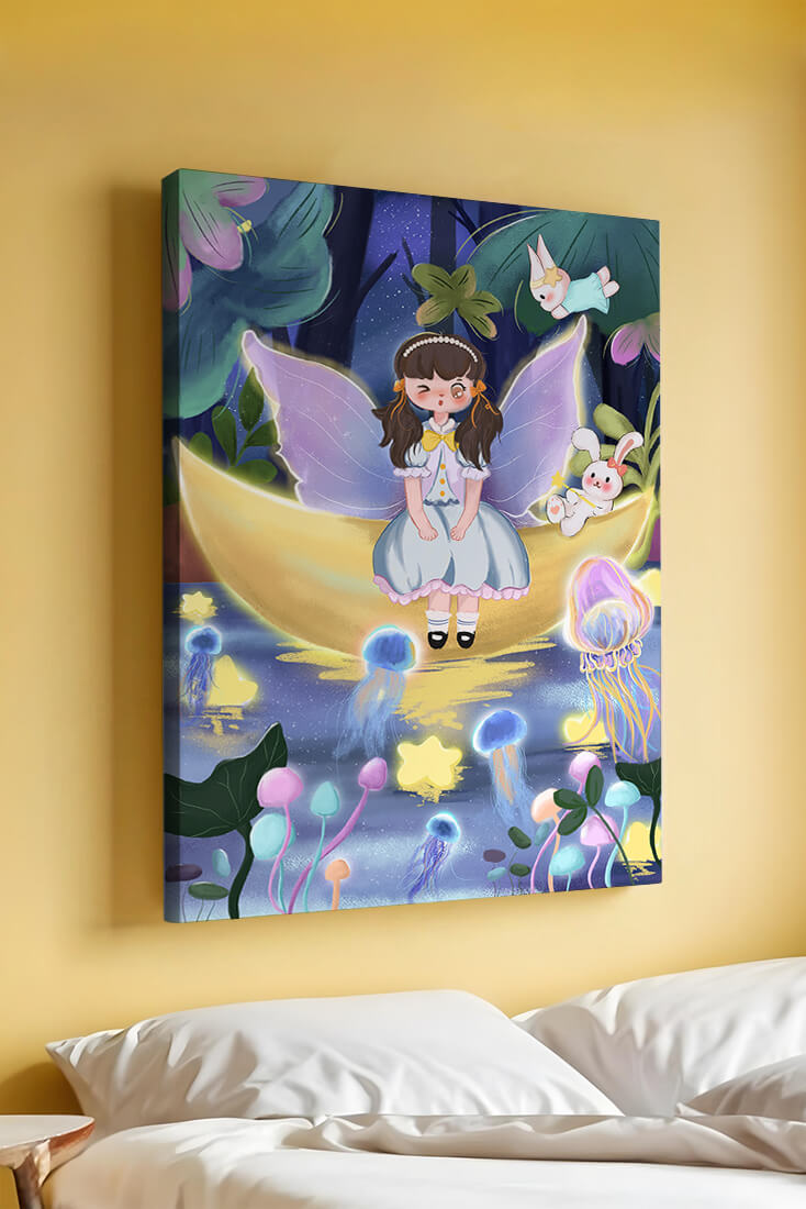 Enchanting fairy scene with glowing jellyfish and moon backdrop