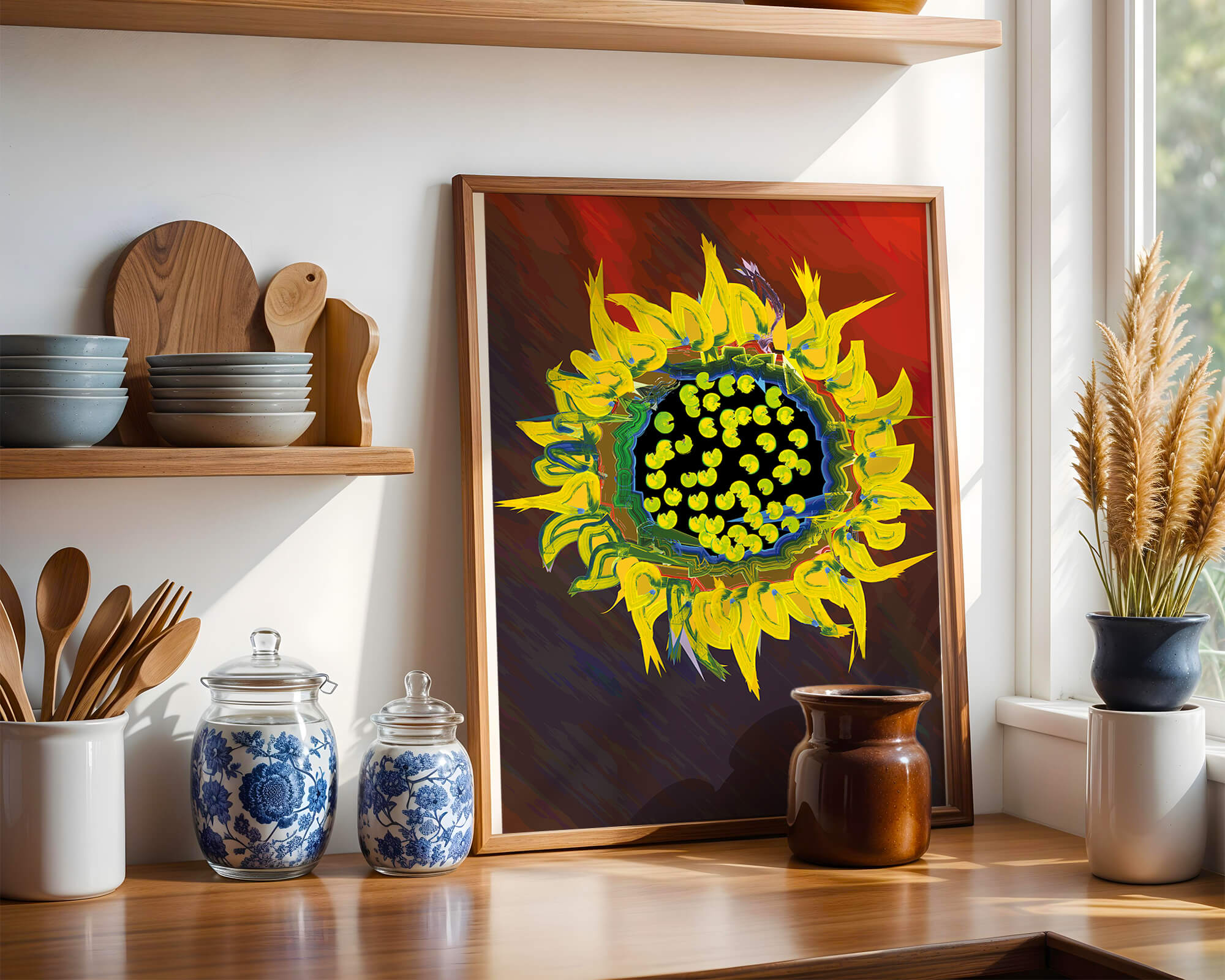 Vibrant digital sunflower with dynamic yellow petals on red background