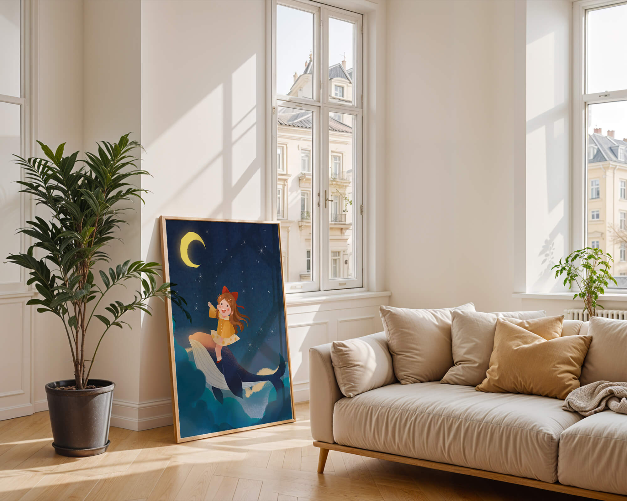 Girl on a whale under starry night sky