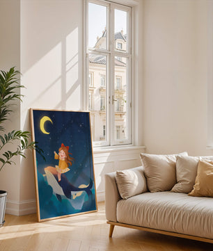 Girl on a whale under starry night sky