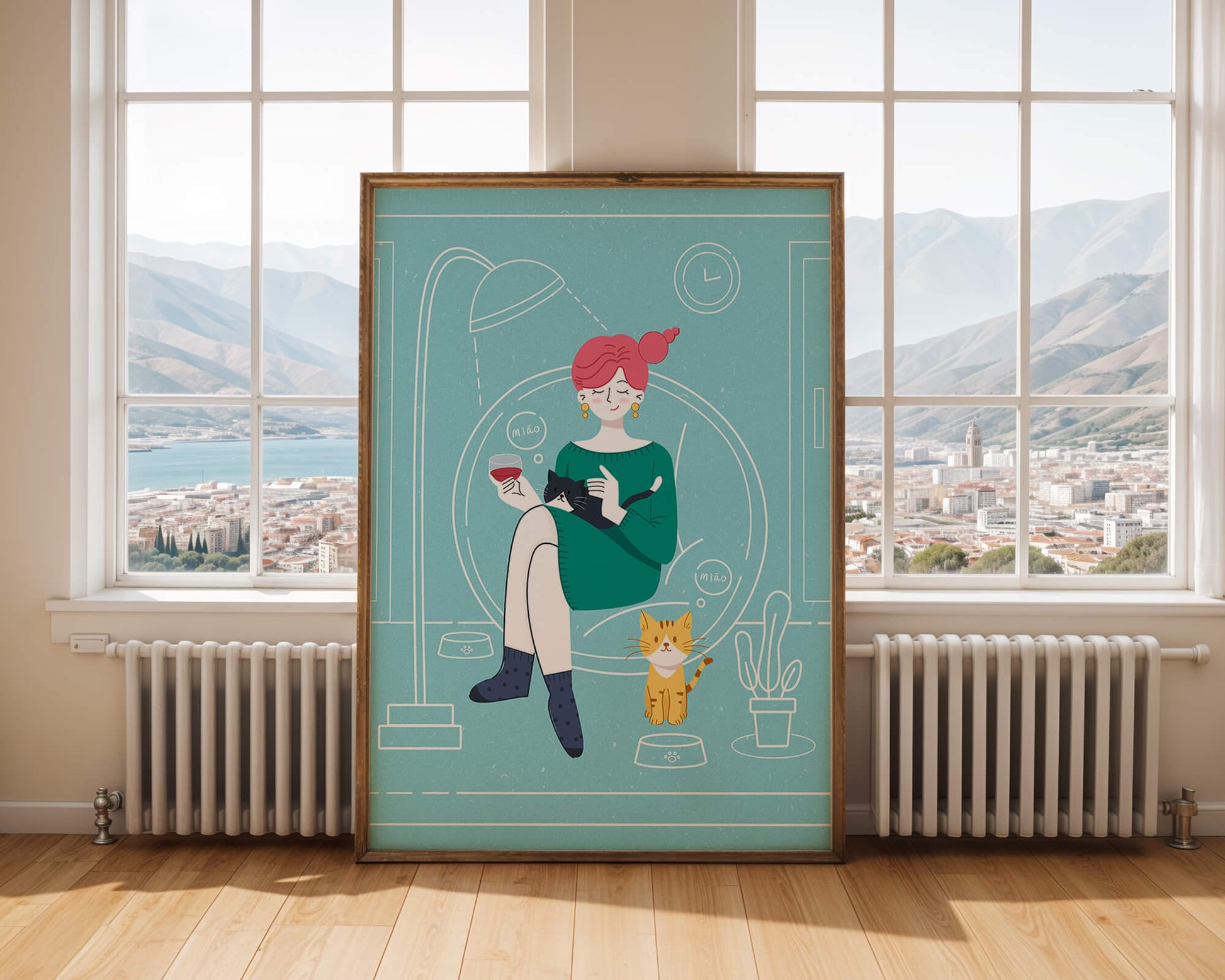 Acogedora velada con gatos en una sala de estar escandinava