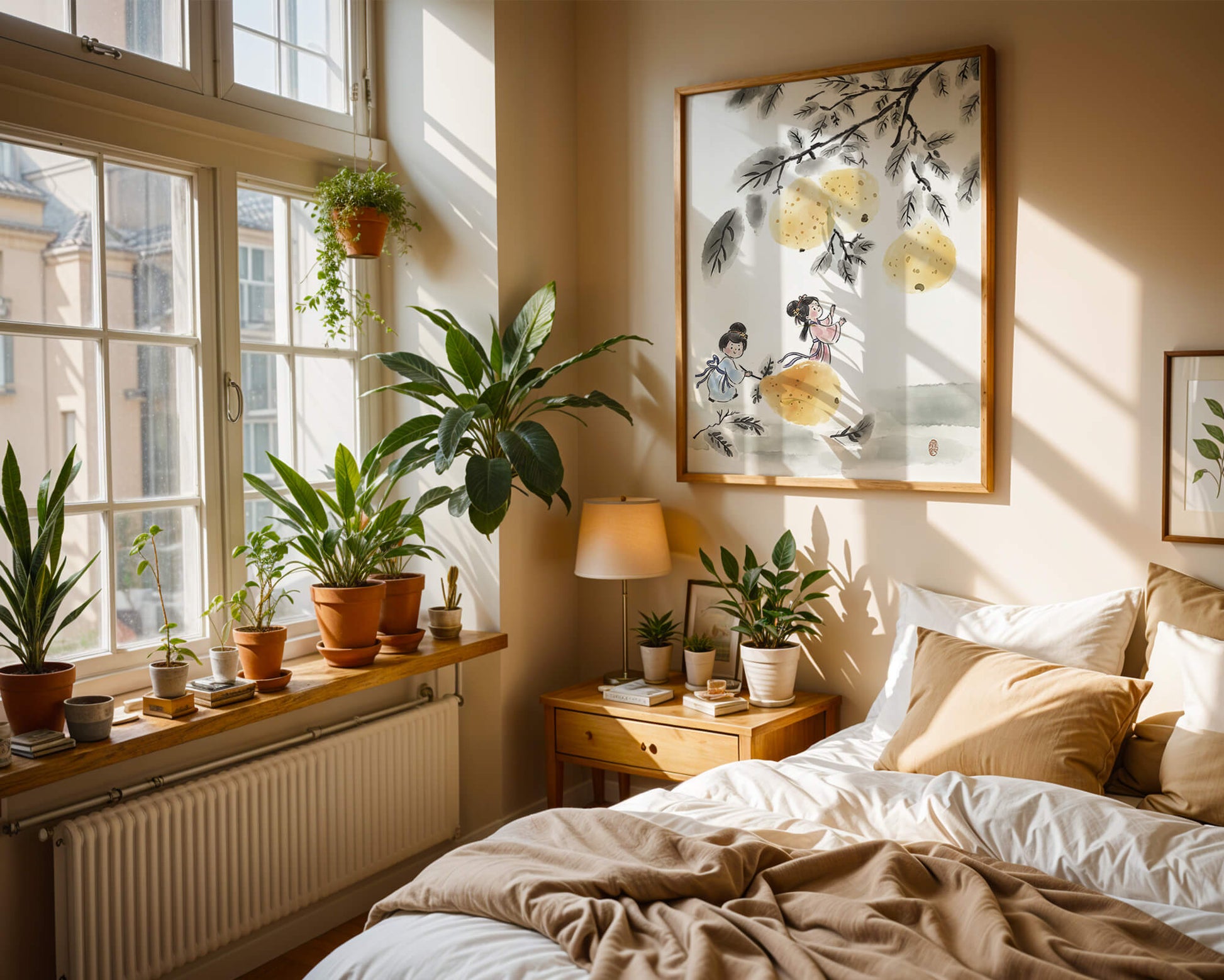 Ilustración encantadora de niños en vestimenta tradicional recolectando peras