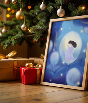 Dreamlike night sky with a girl on a moon enveloped by stars and balloons