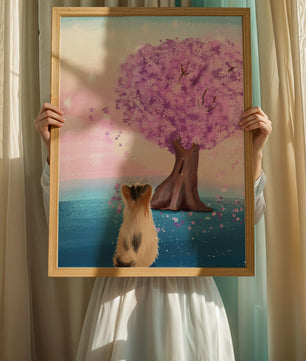 Serene scene with cat and blossoming cherry tree at sunrise