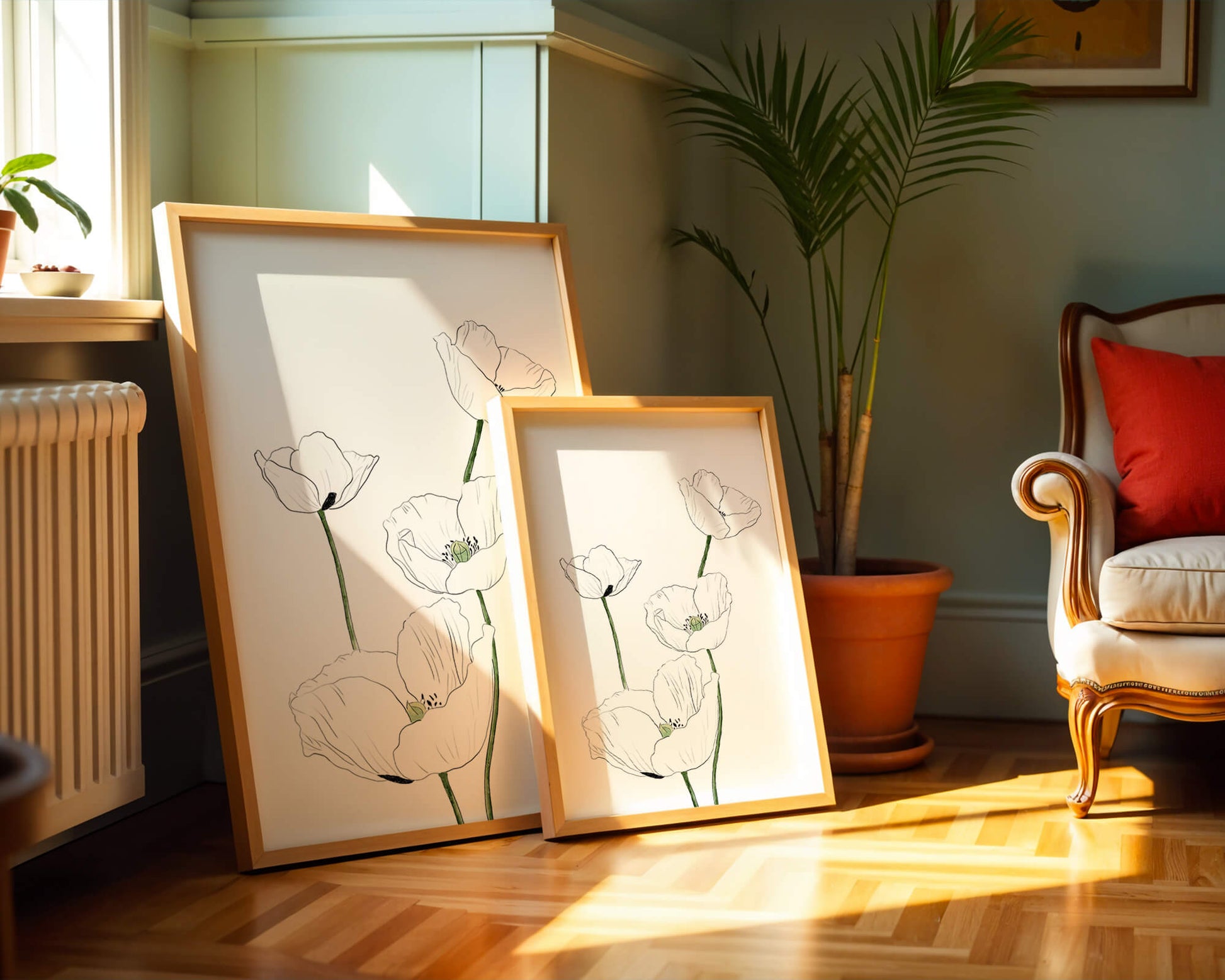 Zarte florale Linienzeichnung mit weißen Mohnblumen auf sauberem Hintergrund